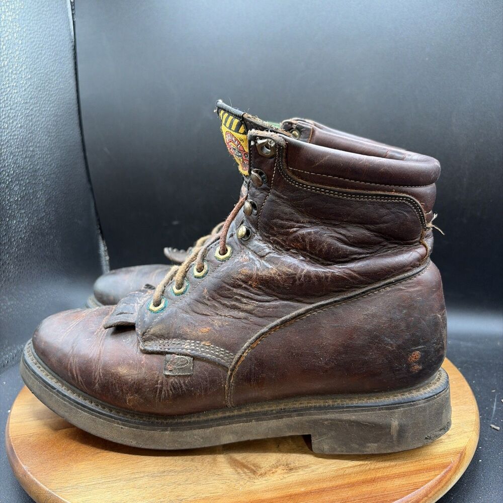 Justin Mens Size 8 769 Brown Leather Western Shoes Fringe Boots Shoes Vintage